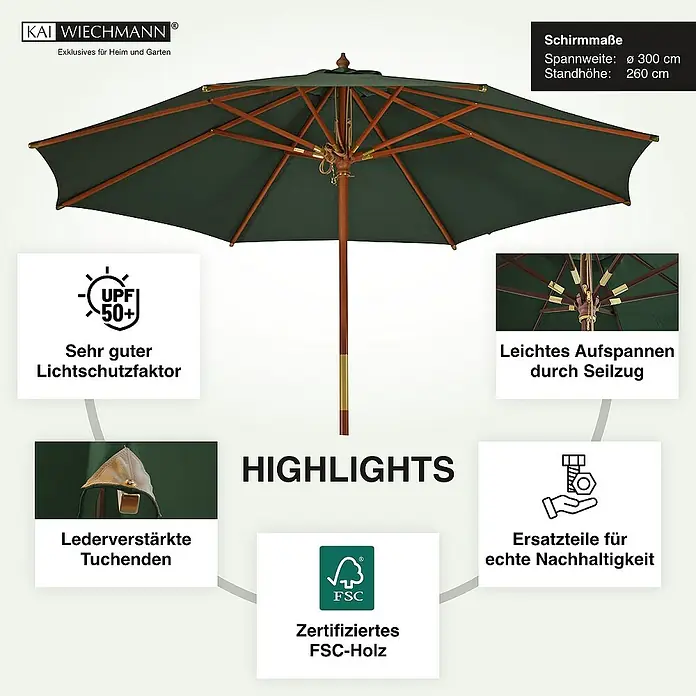 Kai Wiechmann Marktschirm - Grün|Dunkelgrün - Hochwertiger Kai Wiechmann Sonnenschirm mit Holzgestell und dunkelgrünem Bezug. Bietet UV-Schutz 50+ und ist aus zertifiziertem FSC-Holz gefertigt.