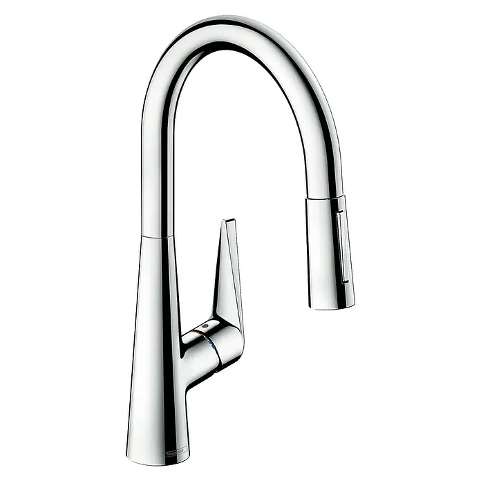 Hansgrohe Talis Spültischarmatur 200 - Chrom, Glänzend - Nahaufnahme eines glänzenden, verchromten Hansgrohe Küchenarmatur mit hohem Auslauf und Einhebelmischer.