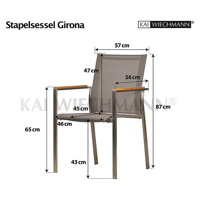 Kai Wiechmann Gartenstuhl - Stapelbar, Silber, B x T x H: 57 x 56 x 87 cm - Abbildung eines Stapelsessels Girona mit Maßangaben zu Höhe, Breite und Tiefe.