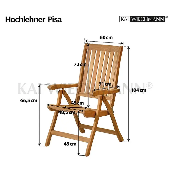 Kai Wiechmann Gartenstuhl - Teakholz, Klappbar, Naturbelassen, B x T x H: 59 x 69 x 105 cm - Produktabbildung: Hochlehner Pisa, ein stilvoller und komfortabler Gartenstuhl aus Holz mit detaillierten Maßangaben für eine optimale Passform.