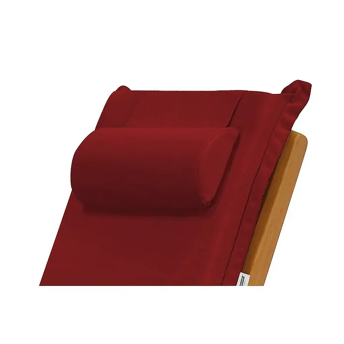 Kai Wiechmann Liegenauflage - Sonnenliege, Hochlehner, Relaxchair, L x B x H: 49 x 36 x 6 cm, Polyacryl, Bordeauxrot - Nahaufnahme eines roten Liegestuhlkissen mit Nackenrolle aus weichem Stoff für bequemes Entspannen und stilvolles Ambiente.
