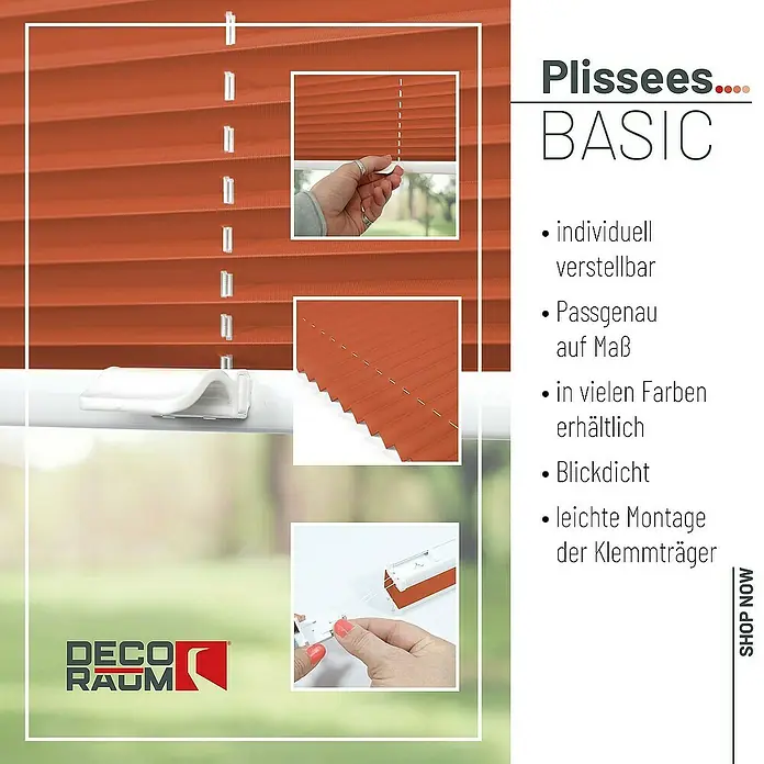 Deco-Raum Plissee ohne Bohren Basic - B x H: 40 x 150 cm, Orange - Produktbild eines orangefarbenen Plissee-Rollos Basic von DecoRaum, das individuell verstellbar und blickdicht ist.