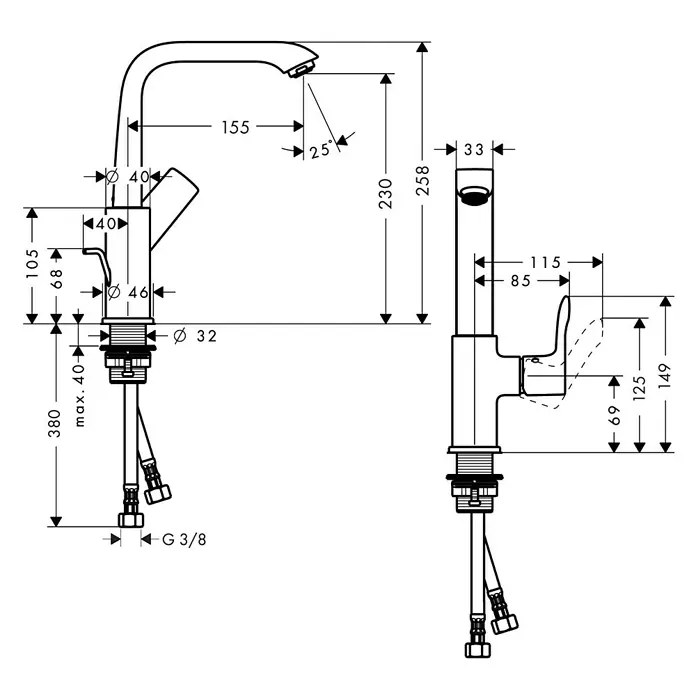 Hansgrohe Metris Waschtischarmatur 230 - Chrom, Glänzend - Eine schematische Zeichnung einer Armatur mit allen Maßen zur detaillierten Planung.