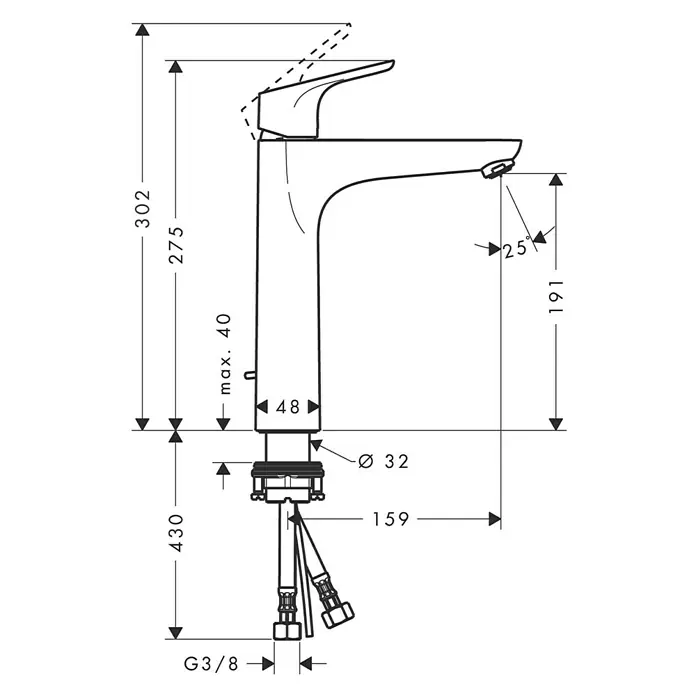 Hansgrohe Focus Waschtischarmatur 190 - Chrom, Glänzend - Technische Zeichnung eines Wasserhahns mit Maßangaben, ideal für Planungszwecke.