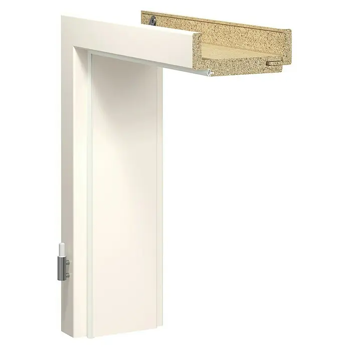 GetaDoor Laminit Türzarge GL 223 - 610 x 1.985 mm, Wandstärke: 80 mm, DIN Anschlag: Links, Weiß seidenmatt - Eine Nahaufnahme eines weißen Türrahmens mit einem Querschnitt des Rahmens, der seine innere Struktur zeigt. Der Rahmen ist modern und schlicht gestaltet.