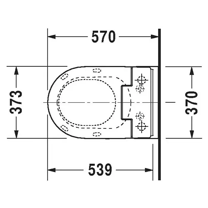 Duravit ME by Starck Wand-WC Typ 1 - Mit Spülrand, Ohne Spezialglasur, Spülform: Tief, WC Abgang: Waagerecht, Weiß - Technische Zeichnung einer Toilette mit den Maßen 570 x 373 mm und 539 x 370 mm.