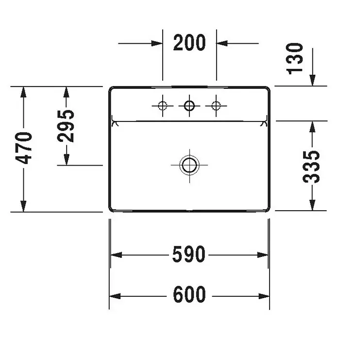 Duravit DuraSquare Aufsatzwaschbecken - 60 x 47 cm, Ohne Spezialglasur, Hahnloch: Ohne, Ohne Überlauf, Weiß - Abbildung des Waschbeckens mit Maßangaben. Das Waschbecken ist rechteckig mit abgerundeten Ecken und hat ein mittiges Abflussloch.