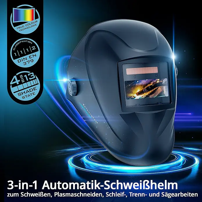 STAHLWERK Schweißhelm Schweißhelm WORKER - Schwarz - Automatik-Schweißhelm 3-in-1 für Schweiß-, Plasma-, Schleif-, Trenn- und Sägearbeiten mit True Colour Technologie.