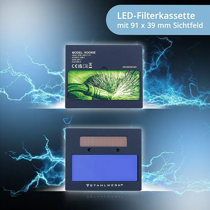 STAHLWERK Schweißhelm Schweißhelm ROOKIE - Schwarz - LED-Filterkassette von STAHLWERK mit 91 x 39 mm Sichtfeld für verbesserte Sicht beim Schweißen.