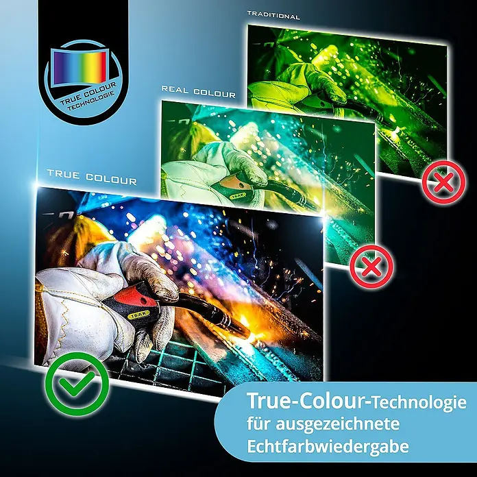 STAHLWERK Schweißhelm Schweißhelm WORKER - Schwarz - Das Bild zeigt die True-Colour-Technologie für ausgezeichnete Echtfarbwiedergabe beim Schweißen, dargestellt durch einen grünen Haken.