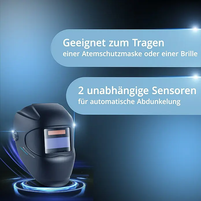 STAHLWERK Schweißhelm Schweißhelm ROOKIE - Schwarz - Automatik Schweißhelm mit 2 unabhängigen Sensoren für automatische Abdunkelung, geeignet zum Tragen mit Brille oder Atemschutzmaske.