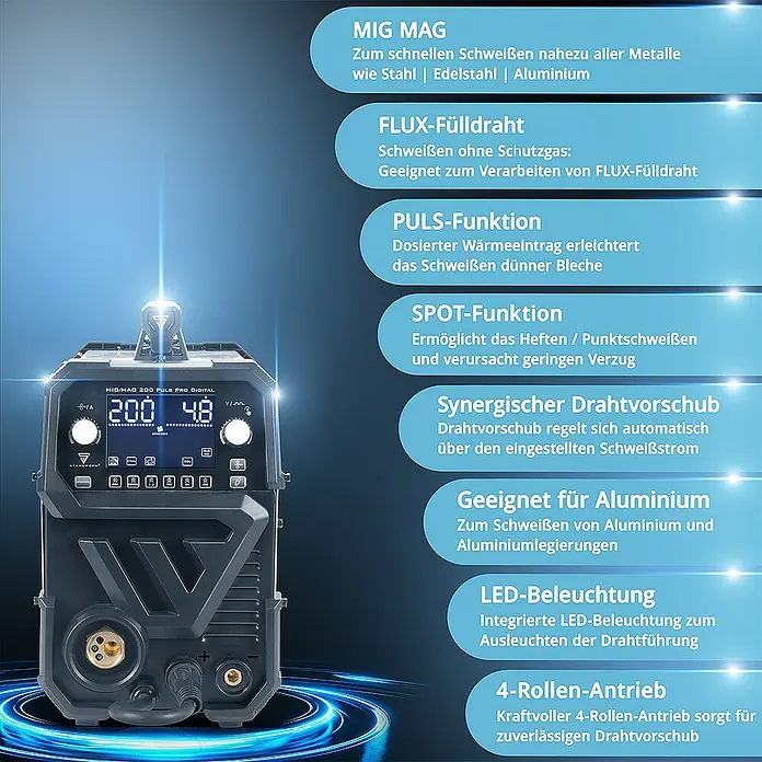 STAHLWERK Schutzgas-Schweißgerät MIG MAG 200 Spot Puls Pro Digital IGBT 200 A -  - MIG/MAG 200 Puls Pro Digital Schweißgerät mit Funktionen für Stahl, Edelstahl, Aluminium, Flux-Fülldraht und LED-Beleuchtung.