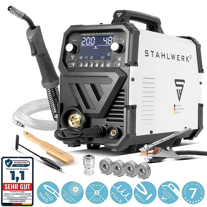 STAHLWERK Schutzgas-Schweißgerät MIG MAG 200 Spot Puls Pro Digital IGBT 200 A -  - Abbildung des STAHLWERK MIG/MAG 200 PULS PRO DIGITAL Schweißgeräts, ideal für professionelle Schweißarbeiten mit präziser Steuerung.