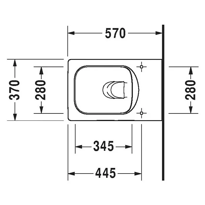 Duravit Vero Air Wand-WC Typ 1 - Spülrandlos, Ohne Spezialglasur, Spülform: Tief, WC Abgang: Waagerecht, Weiß - Draufsicht einer Toilette mit Maßangaben, die die Abmessungen und Einbaudetails des Produkts zeigen.