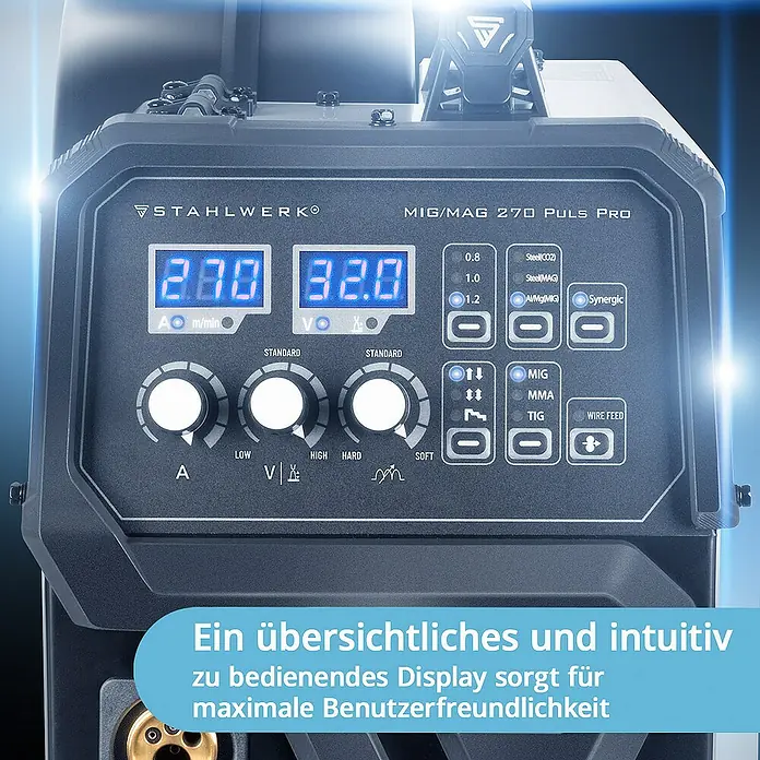 STAHLWERK MIG/MAG-Schweißgerät Schweißgerät MIG 270 Puls Pro Schutzgas-Schweißgerät -  - STAHLWERK MIG/MAG 270 PULS PRO Schweißgerät, Detailaufnahme des Bedienfelds mit diversen Einstellungsoptionen für präzise Schweißarbeiten.