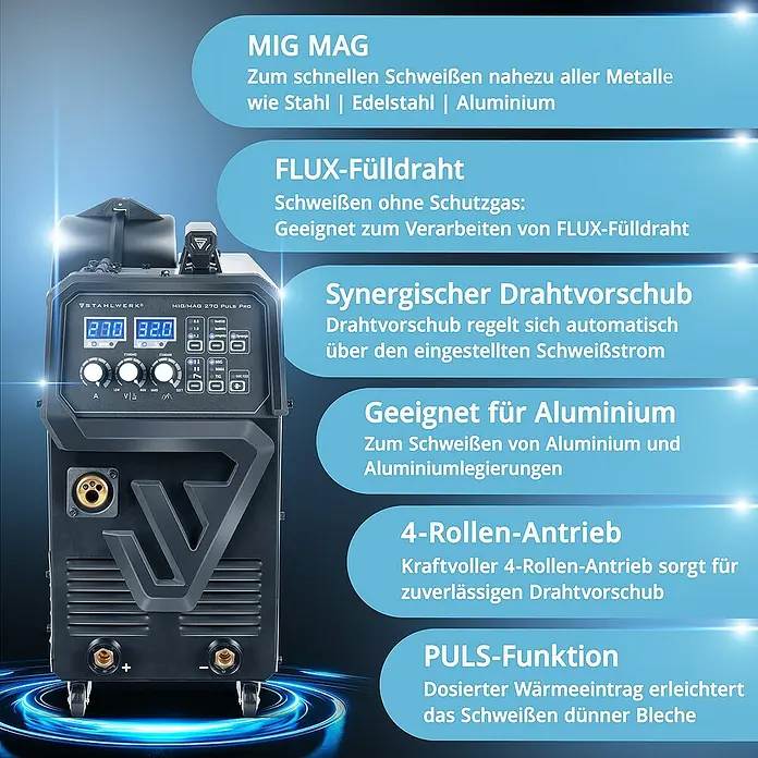 STAHLWERK MIG/MAG-Schweißgerät Schweißgerät MIG 270 Puls Pro Pulsfunktion -  - Das MIG MAG Schweißgerät STAHLWERK MIG/MAG 270 PULS PRO für schnelles Schweißen von Stahl, Edelstahl und Aluminium.