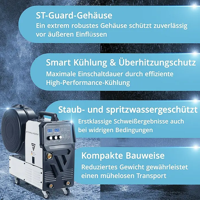 STAHLWERK MIG/MAG-Schweißgerät Schweißgerät MIG 270 Puls Pro Pulsfunktion -  - STAHLWERK MIG MAG 270 Pro Schweißgerät: Robustes Gehäuse, Smart Kühlung, Staub- und Spritzwasserschutz, kompakte Bauweise für mühelosen Transport.