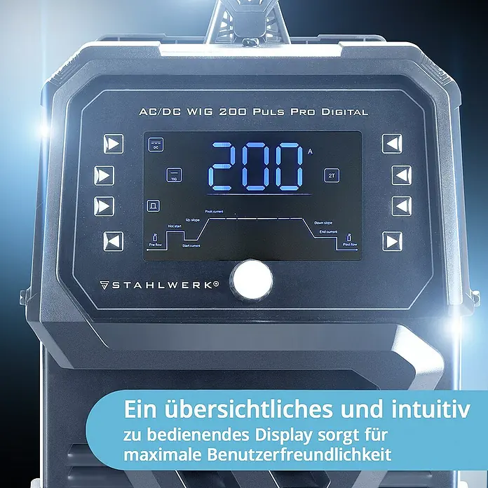 STAHLWERK WIG-Schweißgerät Schutzgas Schweißgerät AC/DC WIG 200 Puls Pro Digital Spot -  - Nahaufnahme des STAHLWERK AC/DC WIG 200 PULS PRO DIGITAL Schweißgeräts mit intuitiver Benutzeroberfläche und digitalem Display.