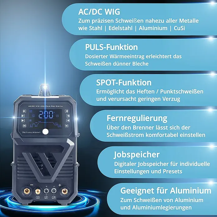 STAHLWERK WIG-Schweißgerät Schutzgas Schweißgerät AC/DC WIG 200 Puls Pro Digital Vollausstattung -  - Abbildung eines AC/DC WIG-Schweißgeräts mit Hinweisen zu Funktionen wie Puls-, Spot-Funktion und Fernregulierung.