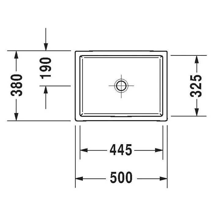 Duravit Vero Air Aufsatzwaschbecken - 50 x 38 cm, Ohne Spezialglasur, Hahnloch: Ohne, Ohne Überlauf, Weiß - Technische Zeichnung eines rechteckigen Duravit-Waschbeckens mit Maßangaben für Installation und Design.