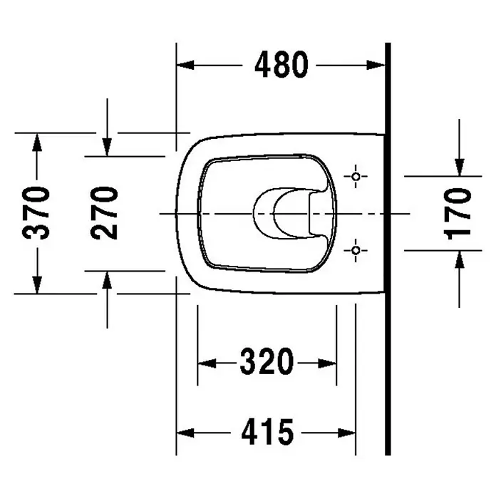 Duravit DuraStyle Wand-WC Compact - Mit Spülrand, Ohne Spezialglasur, Spülform: Tief, WC Abgang: Waagerecht, Weiß - Technische Zeichnung einer wandhängenden Toilette mit Bemaßungen, die die Größe und Montage des Keramikobjekts veranschaulichen.