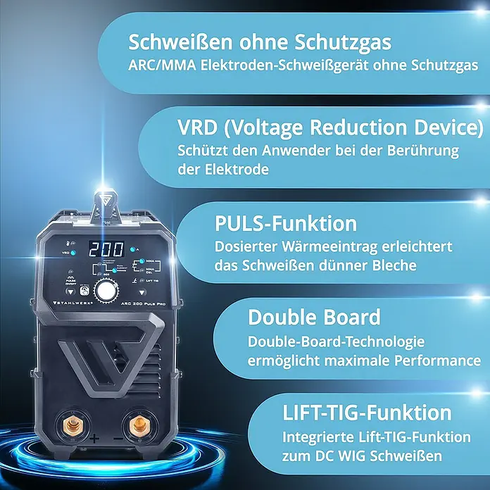STAHLWERK Kombi-Schweißgerät Schweißgerät ARC 200 Puls Pro MMA E Hand Lift TIG Pulsfunktion 200 A -  - ARC/MMA Elektrodenschweißgerät ohne Schutzgas mit VRD, Puls- und Lift-TIG-Funktion sowie Double-Board-Technologie für maximale Leistung.