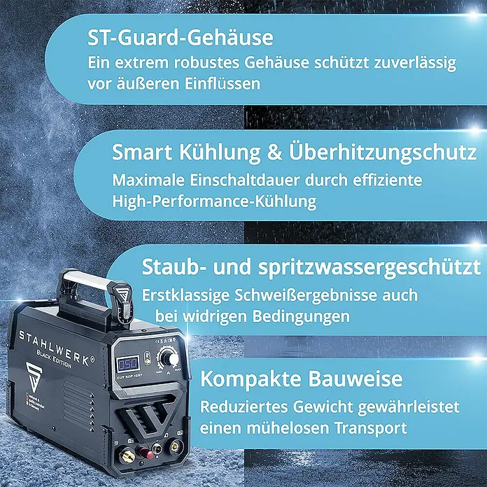 STAHLWERK Plasmaschneider Plasmaschneider CUT 50 Pilot IGBT Vollausstattung -  - STAHLWERK® Black Edition Schweißgerät mit robustem Gehäuse, intelligenter Kühlung, Staub-/Spritzwasserschutz und kompakter Bauweise.