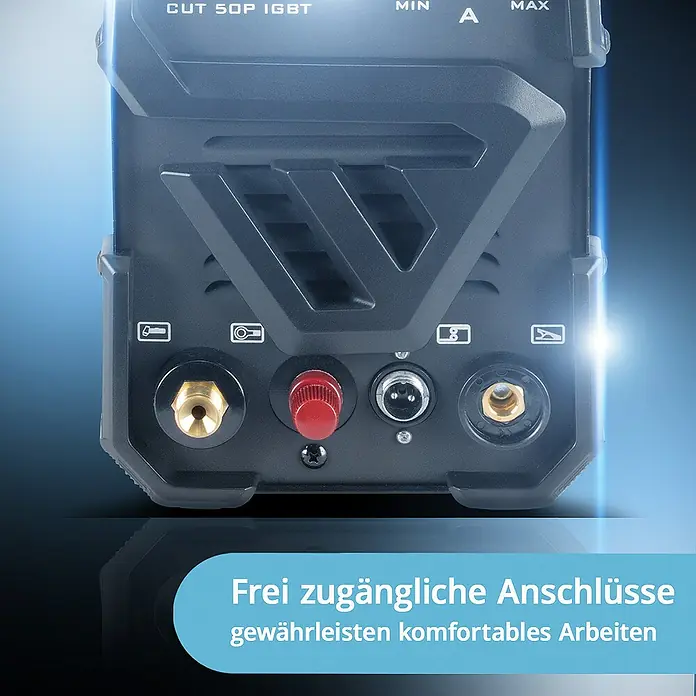 STAHLWERK Plasmaschneider Plasmaschneider CUT 50 Pilot IGBT Vollausstattung -  - Produktansicht: Die leicht zugänglichen Anschlüsse der Schweißausrüstung gewährleisten ein komfortables Arbeiten.