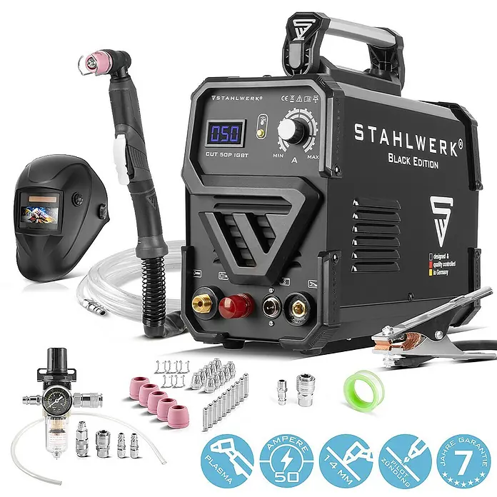 STAHLWERK Plasmaschneider Plasmaschneider CUT 50 Pilot IGBT Vollausstattung -  - Das STAHLWERK CUT 50P IGBT Plasmaschneider Schweißgerät Black Edition mit Zubehör, ideal für präzise Schnitte und hochwertige Verarbeitung.