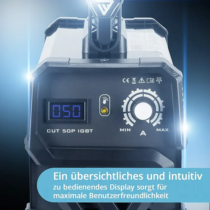 STAHLWERK Plasmaschneider Plasmaschneider CUT 50 Pilot IGBT Vollausstattung -  - Nahaufnahme eines CUT 50P IGBT Plasmaschneiders mit digitaler Anzeige und intuitiver Bedienung.
