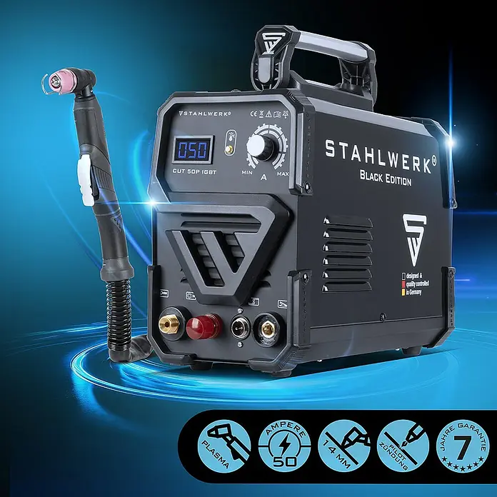 STAHLWERK Plasmaschneider Plasmaschneider CUT 50 Pilot IGBT Vollausstattung -  - Das STAHLWERK CUT 50P IGBT Plasmaschneidegerät Black Edition, ideal für präzise Schnitte mit bis zu 14 mm Materialstärke.