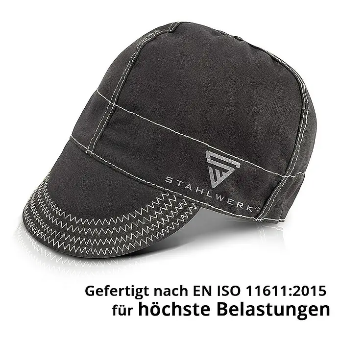 STAHLWERK Schutzhelm Schweißkappe -  - Schwarze Stahlwerk Schweißmütze mit weißen Ziernähten, ideal für den Schutz bei Schweißarbeiten und hoher Belastung.