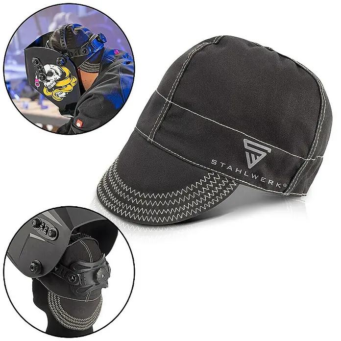 STAHLWERK Schutzhelm Schweißkappe -  - Stahlwerk Schweißerkappe in Schwarz, ideal für optimalen Schutz und Komfort beim Schweißen mit Logo und Ziernähten.