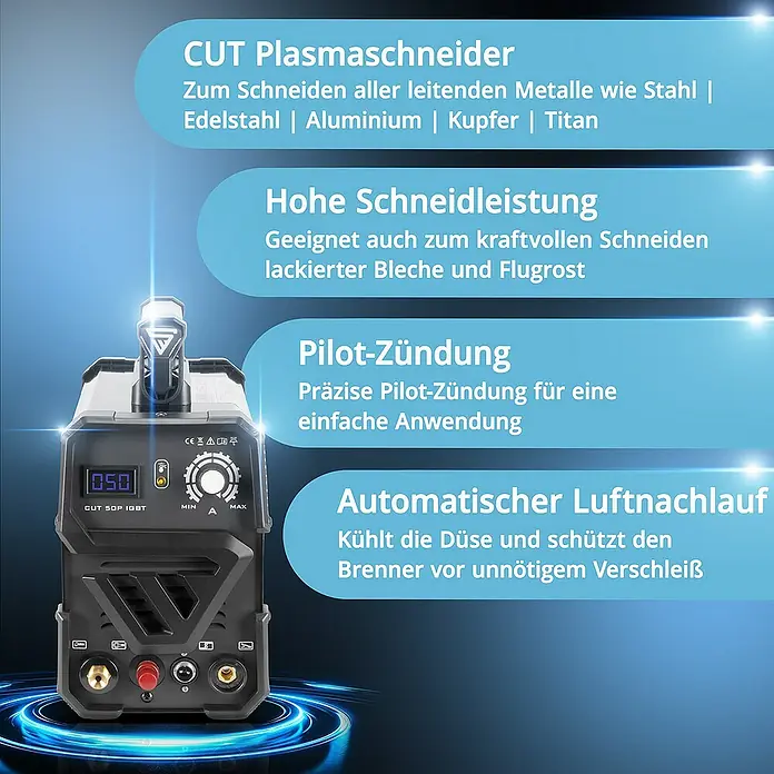 STAHLWERK Plasmaschneider Plasmaschneider CUT 50 Pilot IGBT Vollausstattung -  - Abbildung eines CUT Plasmaschneiders, der zum Schneiden von leitfähigen Metallen wie Stahl, Edelstahl, Aluminium, Kupfer und Titan geeignet ist.