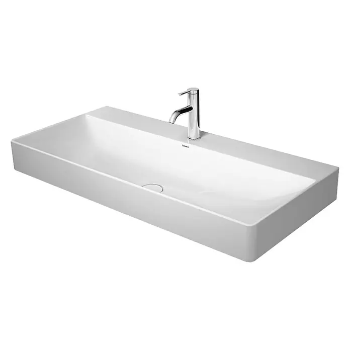Duravit DuraSquare Waschtisch - 100 x 47 cm, Ohne Spezialglasur, Hahnloch: Mitte, Ohne Überlauf, Weiß, Ungeschliffen - Elegantes, rechteckiges Aufsatzwaschbecken aus weißer Keramik mit modernem Chrom-Wasserhahn, ideal für stilvolle Badezimmer.