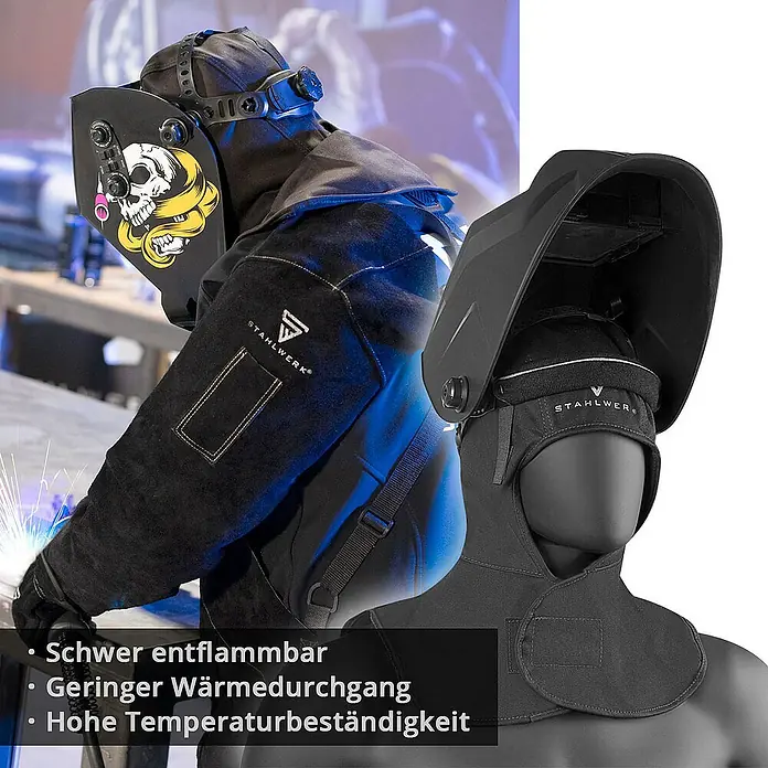 STAHLWERK Schutzhelm Schweißhaube -  - Schweißhaube und Jacke von Stahlwerk, schwer entflammbar, geringer Wärmedurchgang, hohe Temperaturbeständigkeit.