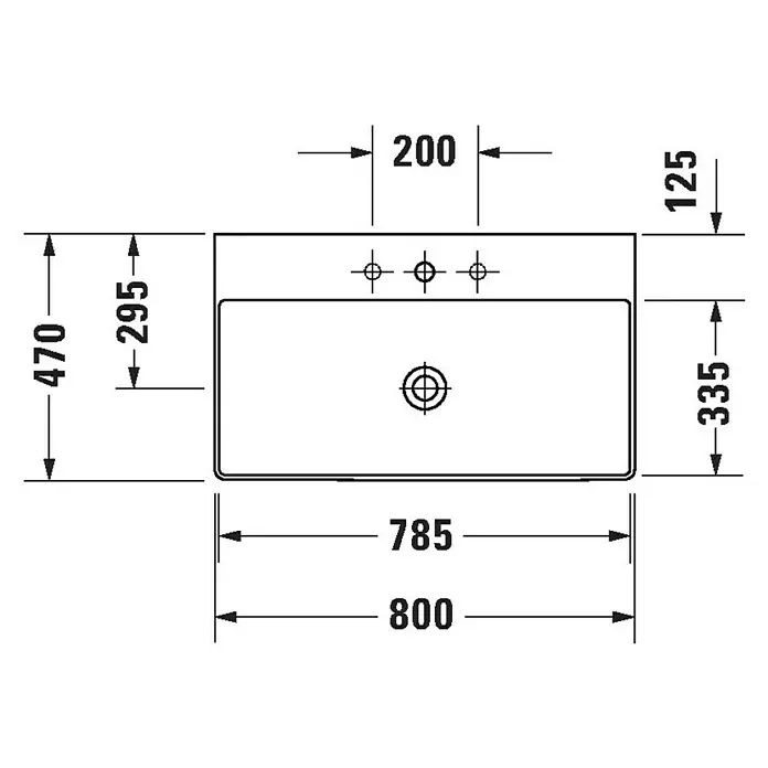 Duravit DuraSquare Waschtisch - 80 x 47 cm, Ohne Spezialglasur, Hahnloch: Ohne, Ohne Überlauf, Weiß, Geschliffen - Technische Zeichnung des Waschtisches mit Maßangaben.