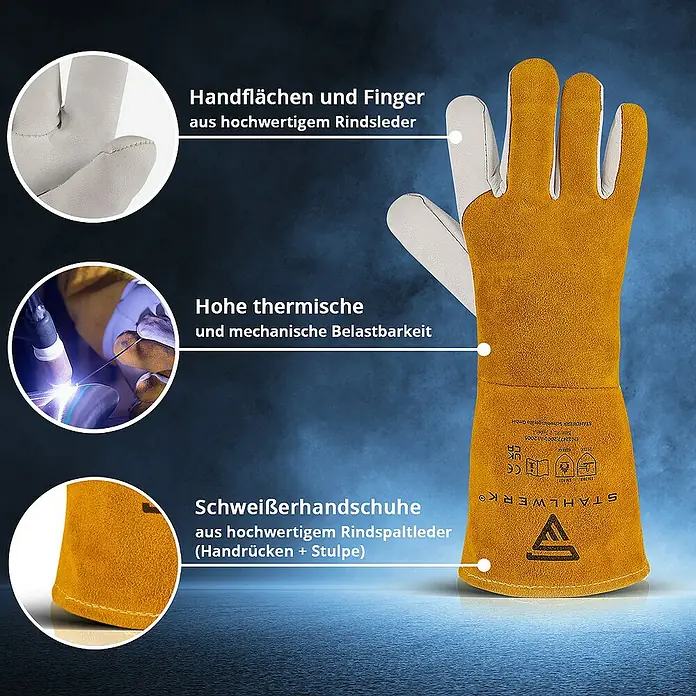 STAHLWERK Arbeitshandschuhe Schweißerhandschuhe Echtleder -  - Produktbild von Schweißerhandschuhen aus hochwertigem Rindsleder für Handflächen und Finger und Rindspaltleder für Handrücken und Stulpe.