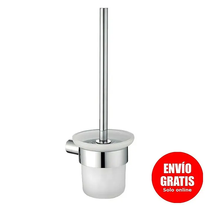 Bath Stage B-Moon Escobillero - Latón, Brillante, Redonda - Un elegante portaescobillas con un contenedor de vidrio esmerilado, complementado con un acabado cromado pulido y una etiqueta de "Envío Gratis".