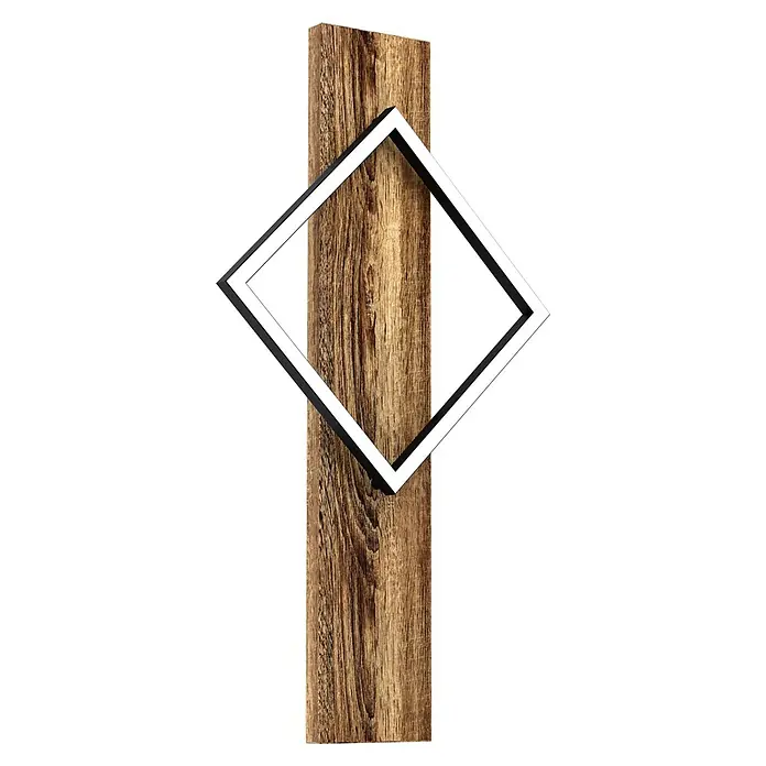 Eglo Boyal Aplique de pared LED - 13 W, L x Al: 30,5 x 56 cm, Marrón, Blanco cálido - La imagen muestra un aplique de pared con un panel de madera, de forma cuadrada, borde negro y luz blanca, un elemento de diseño moderno.