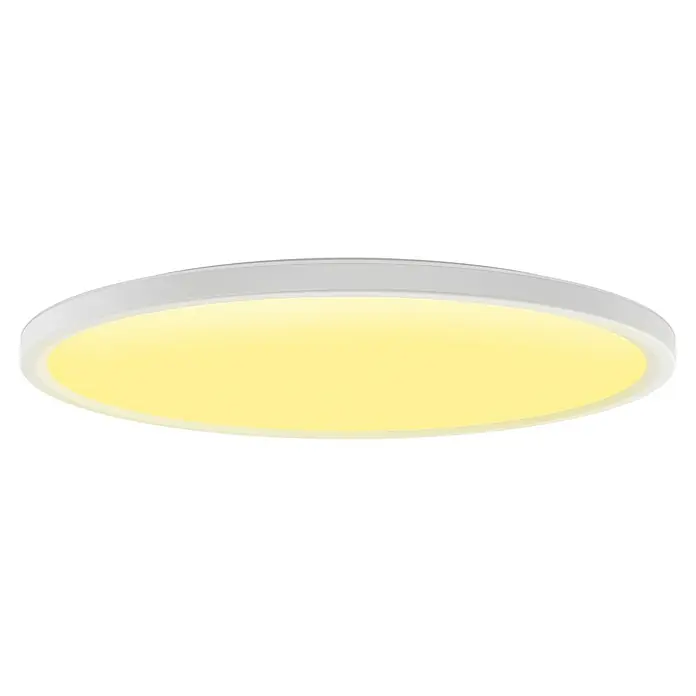Philips Hue LED-Panel rund White & Color Ambiance Tento M - 23 W, Ø x H: 42,1 x 3,07 cm, Weiß, RGBW - Nahaufnahme einer modernen, runden LED-Deckenleuchte mit warmweißem Licht und einem schlichten, weißen Rahmen. Ideal für zeitgenössische Innenräume.