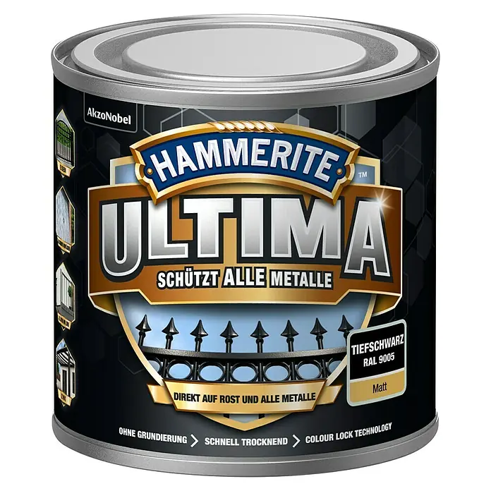 Hammerite Ultima Metall-Schutzlack - RAL 9005, Tiefschwarz, 250 ml, Matt, Wasserbasiert - Dose Hammerite Ultima Tiefschwarz Metallschutzfarbe. Schützt alle Metalle, direkt auf Rost, ohne Grundierung, schnell trocknend und mit Colour Lock Technologie.