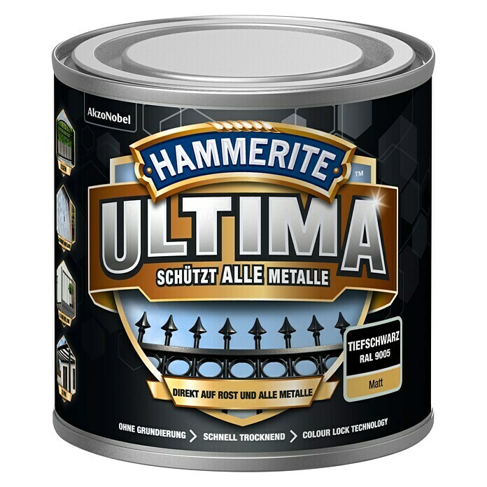 Hammerite Metall-Schutzlack ULTIMA (RAL 9005, Tiefschwarz, 250 ml, Matt)