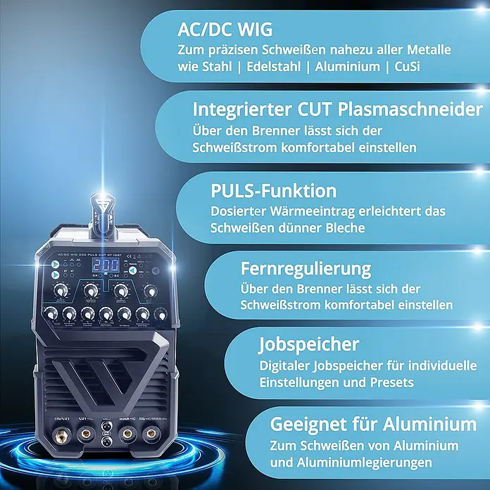 STAHLWERK Kombi-Schweißgerät Schweißgerät AC/DC WIG 200 Puls Vollausstattung -  - Bild einer AC/DC WIG-Schweißmaschine mit integriertem CUT-Plasmaschneider, Pulsfunktion, Fernregulierung und Jobspeicher.