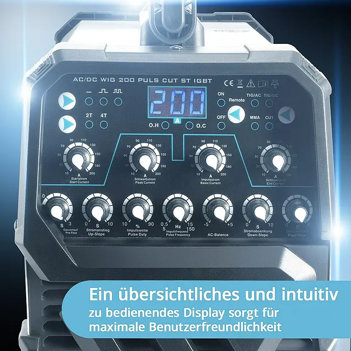 STAHLWERK Kombi-Schweißgerät Schweißgerät AC/DC WIG 200 Puls Vollausstattung -  - Frontansicht des AC/DC WIG 200 PULS CUT ST IGBT Schweißgeräts, das eine intuitive Benutzeroberfläche mit präzisen Einstellungen bietet.