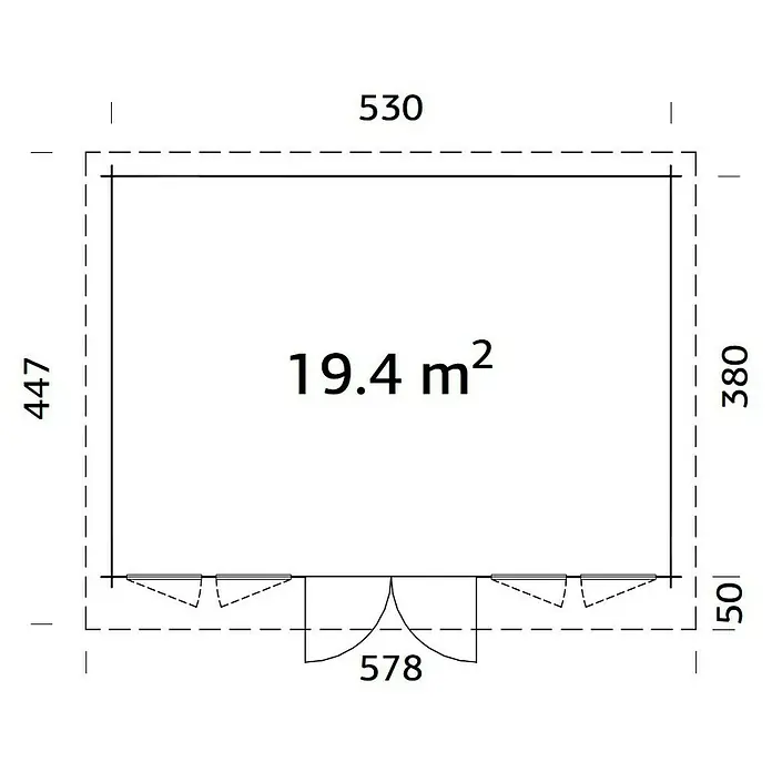 Palmako Gartenhaus Lisa - Außenmaß inkl. Dachüberstand (B x T): 578 x 447 cm, Holz, Hellbraun - Grundriss des Gartenhauses mit Maßen und einer Fläche von 19.4 m². Die Zeichnung zeigt die Abmessungen und Raumaufteilung.