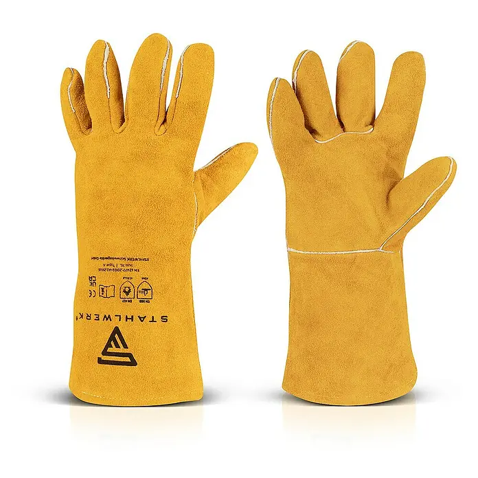 STAHLWERK Arbeitshandschuhe Schweißer Handschuhe -  - Gelbe STAHLWERK-Schweißhandschuhe aus Leder mit weißer Naht, robust und hitzebeständig für optimalen Schutz beim Schweißen.