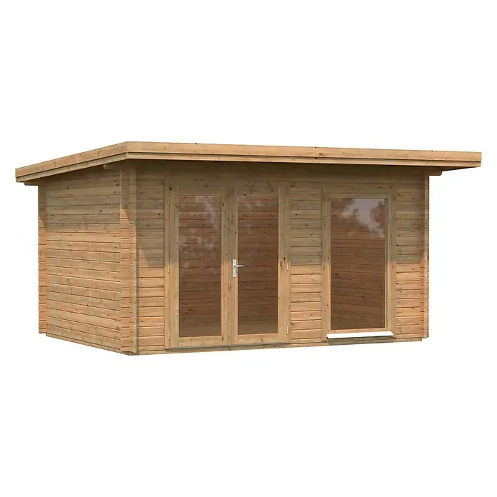 Palmako Gartenhaus Heidi - Außenmaß inkl. Dachüberstand (B x T): 478 x 403 cm, Holz, Hellbraun - Dieses Bild zeigt ein modernes Holzgartenhaus mit Glastüren, das viel natürliches Licht hereinlässt. Ideal für Hobbygärtner oder als stilvolles Büro im Freien.
