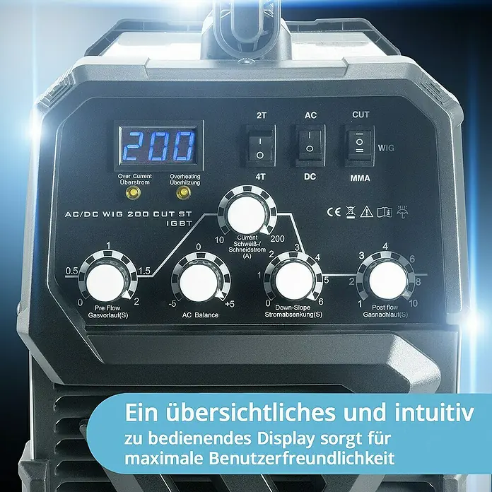 STAHLWERK Kombi-Schweißgerät Schweißgerät AC DC Wig 200 ST Vollausstattung -  - Nahaufnahme der Schweißmaschine AC/DC WIG 200 CUT ST IGBT mit Bedienelementen und Digitalanzeige für optimale Kontrolle.