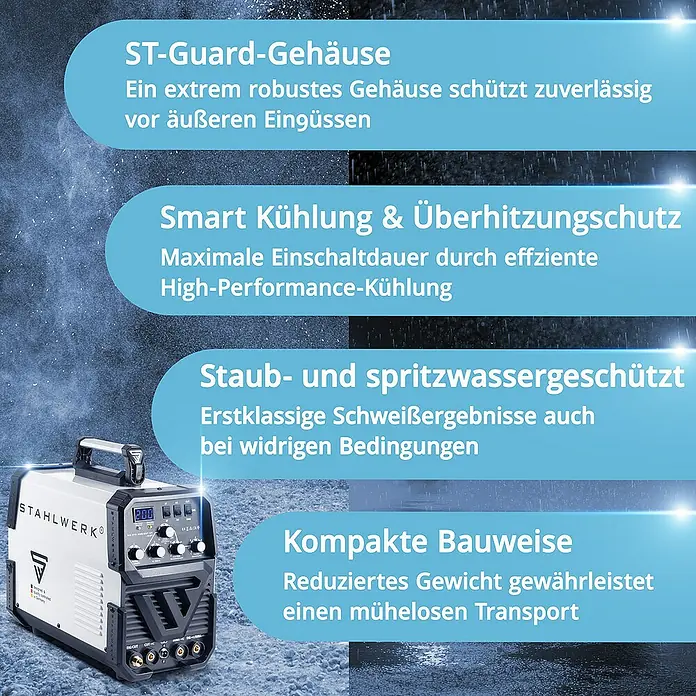 STAHLWERK Kombi-Schweißgerät Schweißgerät AC DC Wig 200 ST Vollausstattung -  - STAHLWERK Schweißgerät mit robustem Gehäuse, intelligenter Kühlung, Staub- und Spritzwasserschutz für erstklassige Schweißergebnisse. Kompakte Bauweise.